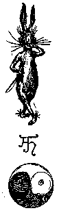 A hare with a sword, a monogram, and a yin-yang symbol