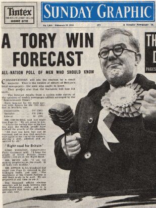 The Sunday Graphic, Feb 19 1950: A Tory Win Forecast - All Nation Poll of Men Who Should Know, illustrated with fat campaigner in heroic pose